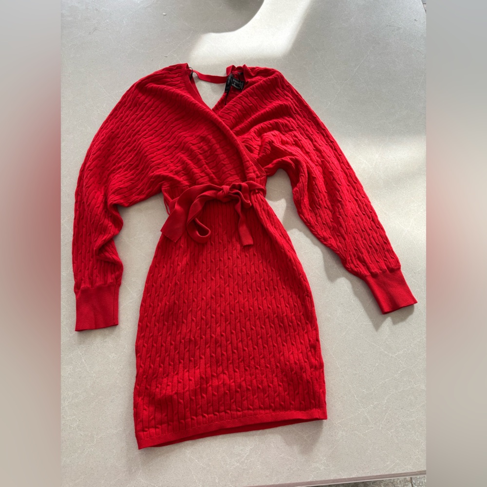 Forever 21 Red Knit Holiday Party Fitted V Neck Sweater Dress
